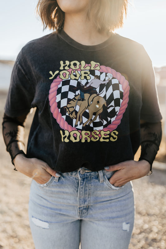 HOLD YOUR HORSES ACID WASH GRAPHIC TEE